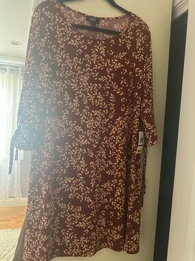 MSK Burgundy Dress with Cream Leaf Print - Long Sleeve Shift